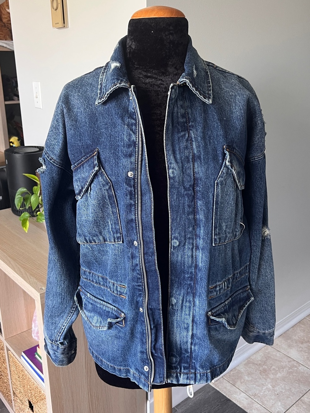 Zara Blue Distressed Denim Military Field Jacket